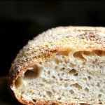 A loaf of slow-rise no-knead bread, halved.