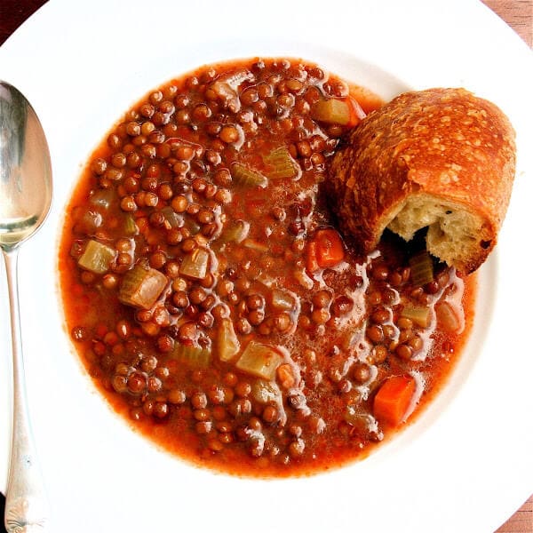 Lentil soup and bread for dinner might seem a little Spartan, but this soup is filled with vegetables for one, and lentils themselves are nutritional powerhouses: These little legumes are high in fiber, protein, vitamins and minerals and are an excellent source of complex carbohydrates. // alexandracooks.com Lentil soup and bread for dinner might seem a little Spartan, but this soup is filled with vegetables for one, and lentils themselves are nutritional powerhouses: These little legumes are high in fiber, protein, vitamins and minerals and are an excellent source of complex carbohydrates. // alexandracooks.com