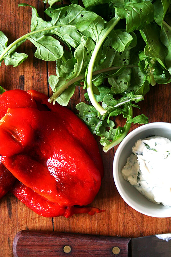 Roasted Red Peppers, Arugula and Herbed Goat Cheese