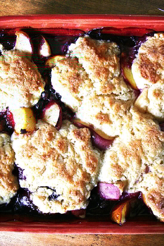 Peach and Blueberry Cobbler, just baked