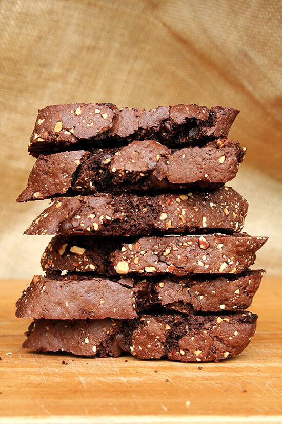 These chocolate biscotti are divine. Perfectly sweet. Not too hard. Crumbly. Soft. Not too soft. Loaded with chocolate and studded with almonds. A perfect accompaniment to a cup of coffee. I am convinced there is no better way to start the morning (and mid-morning and afternoon and early evening, etc.). // alexandracooks.com These chocolate biscotti are divine. Perfectly sweet. Not too hard. Crumbly. Soft. Not too soft. Loaded with chocolate and studded with almonds. A perfect accompaniment to a cup of coffee. I am convinced there is no better way to start the morning (and mid-morning and afternoon and early evening, etc.). // alexandracooks.com