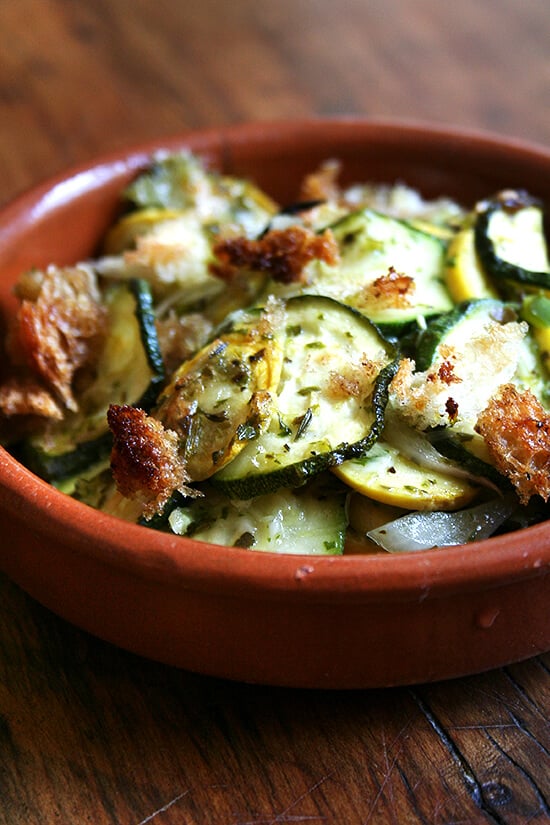 This summer squash gratin is a most delicious, vegetarian entrée or side dish starring summer's most abundant vegetable. Seen on Amanda and Merril's Food 52 website, this recipe is delectable. // alexandracooks.com This summer squash gratin is a most delicious, vegetarian entrée or side dish starring summer's most abundant vegetable. Seen on Amanda and Merril's Food 52 website, this recipe is delectable. // alexandracooks.com