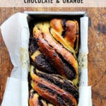 A board with orange-chocolate babka.