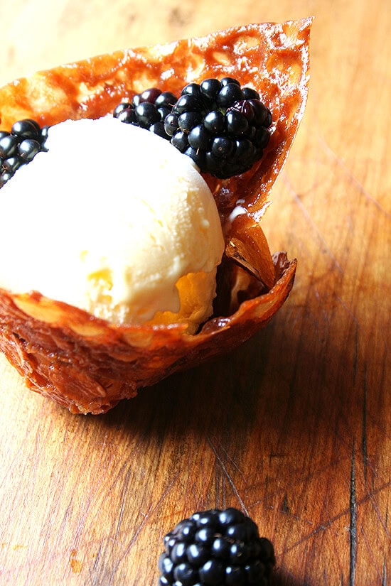 Rich and tangy, this homemade creme fraiche ice cream is a real treat. Serve it in an almond-butterscotch cookie basket for a pretty and yummy presentation. // alexandracooks.com Rich and tangy, this homemade creme fraiche ice cream is a real treat. Serve it in an almond-butterscotch cookie basket for a pretty and yummy presentation. // alexandracooks.com