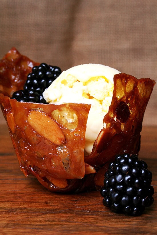 Rich and tangy, this homemade creme fraiche ice cream is a real treat. Serve it in an almond-butterscotch cookie basket for a pretty and yummy presentation. // alexandracooks.com Rich and tangy, this homemade creme fraiche ice cream is a real treat. Serve it in an almond-butterscotch cookie basket for a pretty and yummy presentation. // alexandracooks.com