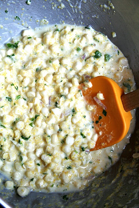 batter, after 8 pancakes had been cooked and one more ear of corn added fritter batter