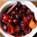 A bowl of red wine cranberry sauce.