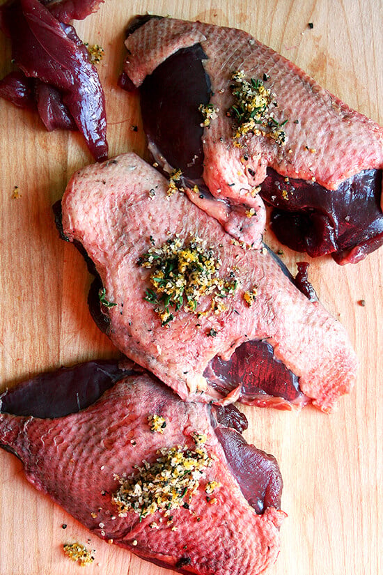 breasts with rub Wild duck breasts rubbed with a flavorful mixture of orange zest and thyme.