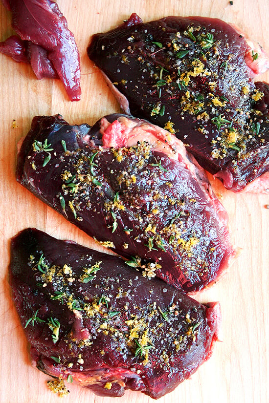 breasts with rub Wild duck breasts rubbed with a flavorful mixture of orange zest and thyme.