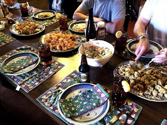 some good southern cooking A table filled with some good southern cooking: fried oysters, fried shrimp.