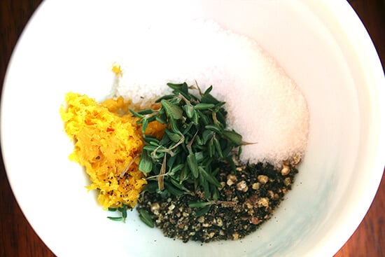 the rub — orange zest, thyme, salt, pepper and sugar A small bowl holding the rub for the wild duck breast — orange zest, thyme, salt, pepper and sugar.