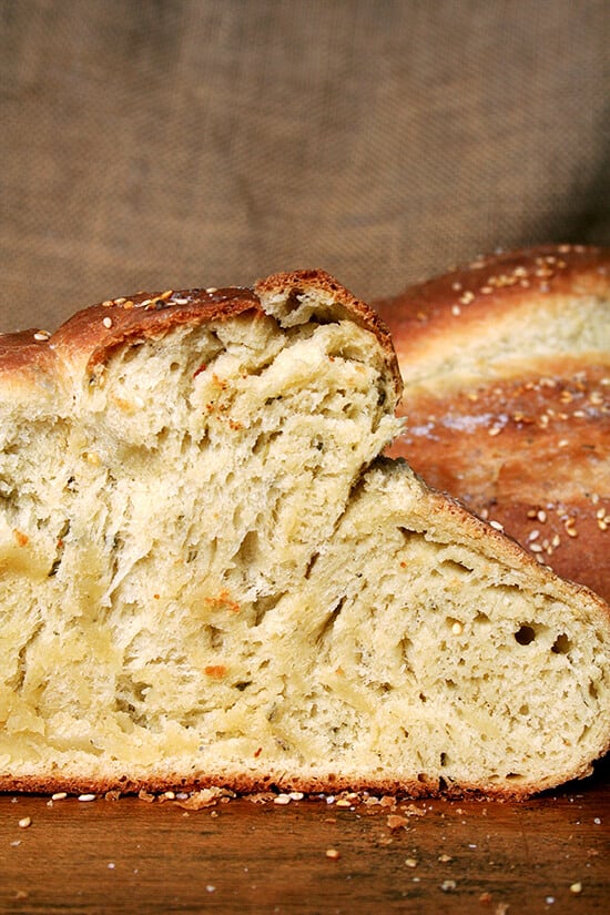 Olive oil makes this semolina bread super moist, but it's the presence of semolina flour, an ingredient I am only just discovering, that gives this bread such a unique texture and flavor. The owner of Macrina Bakery, Leslie Mackie, to whom we can thank for this creation, says it best: "Semolina flour gives the bread a hearty texture but also a kind of creamy, almost corn-like flavor." A salty, crusty exterior moreover makes the bread irresistible. // alexandracooks.com Olive oil makes this semolina bread super moist, but it's the presence of semolina flour, an ingredient I am only just discovering, that gives this bread such a unique texture and flavor. The owner of Macrina Bakery, Leslie Mackie, to whom we can thank for this creation, says it best: "Semolina flour gives the bread a hearty texture but also a kind of creamy, almost corn-like flavor." A salty, crusty exterior moreover makes the bread irresistible. // alexandracooks.com