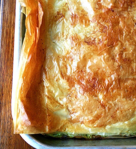 full-size spanakopita in a roasting pan