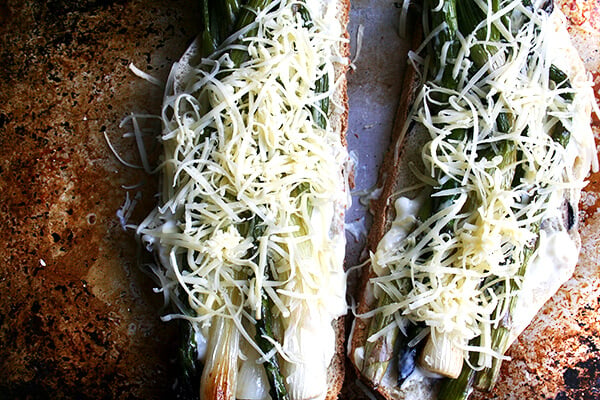 asparagus & spring onion croque monsieur, ready for the broiler asparagus & spring onion croque monsieur, ready for the broiler