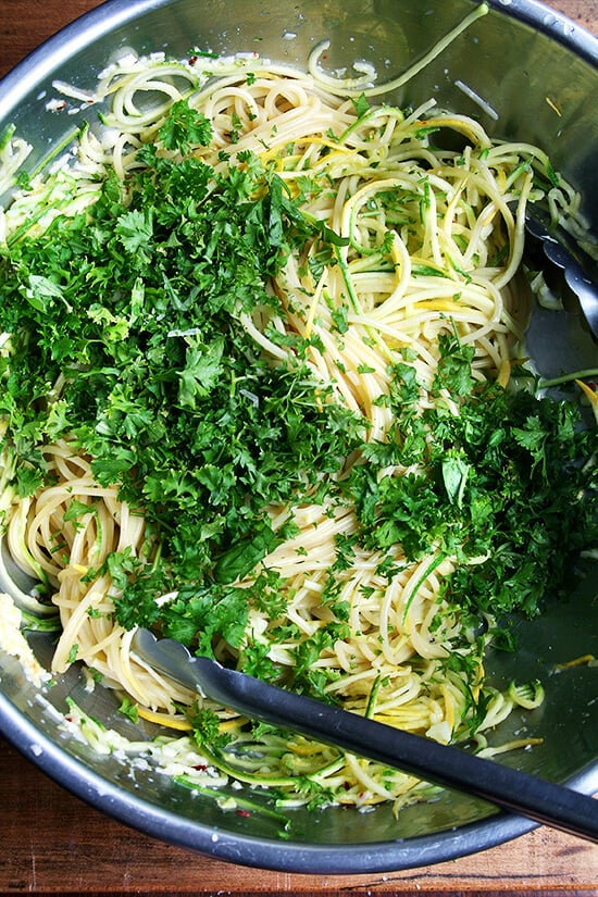 adding the parsley & basil adding the parsley & basil