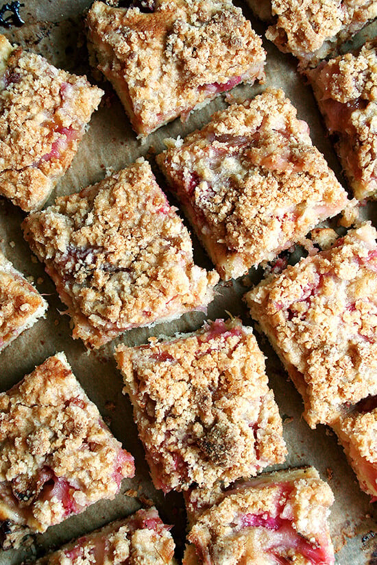 The layer of rhubarb in this rhubarb buckle is perfect — not too sweet, not too tart, which is a delicate balance to achieve with rhubarb. And the crumb top, while just a touch sandy, needs nothing more than a dab of butter to give it that crumbly, pebbly texture. The addition of lemon zest, adding a wonderful fresh, bright flavor, is essential. // alexandracooks.com The layer of rhubarb in this rhubarb buckle is perfect — not too sweet, not too tart, which is a delicate balance to achieve with rhubarb. And the crumb top, while just a touch sandy, needs nothing more than a dab of butter to give it that crumbly, pebbly texture. The addition of lemon zest, adding a wonderful fresh, bright flavor, is essential. // alexandracooks.com