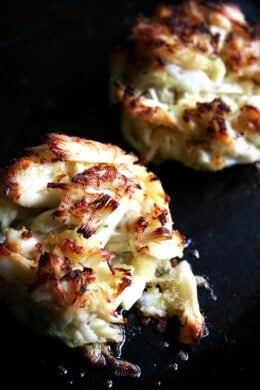 Broiled, lightly seasoned, meaty, Dockside crabcakes embody everything I hope for in a crabcake. Because the cakes are broiled, the cakes can (and should) be delicately and loosely formed. A nearly falling-apart crab cake will ensure that the mayonnaise and panko (or pulverized Saltines or bread crumbs or whatever you are using) are doing their job as binders but nothing more. // alexandracooks.com