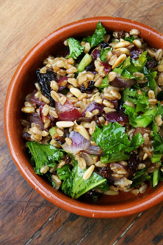 This farro salad, when surrounded by all the elements of the Zuni salad — sweet onions, crunchy nuts, spicy greens, a simple olive oil and vinegar dressing — soaks up so much goodness all the while maintaining its chewy texture and nutty flavor. // alexandracooks.com A bowl of farro salad with roasted onions, toasted pine nuts, and wilted mustard greens.