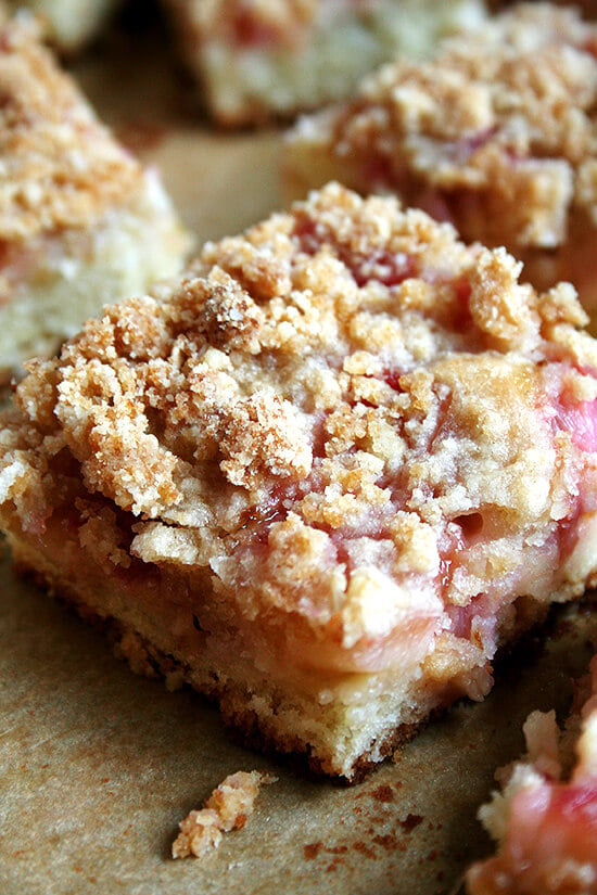 The layer of rhubarb in this rhubarb buckle is perfect — not too sweet, not too tart, which is a delicate balance to achieve with rhubarb. And the crumb top, while just a touch sandy, needs nothing more than a dab of butter to give it that crumbly, pebbly texture. The addition of lemon zest, adding a wonderful fresh, bright flavor, is essential. // alexandracooks.com The layer of rhubarb in this rhubarb buckle is perfect — not too sweet, not too tart, which is a delicate balance to achieve with rhubarb. And the crumb top, while just a touch sandy, needs nothing more than a dab of butter to give it that crumbly, pebbly texture. The addition of lemon zest, adding a wonderful fresh, bright flavor, is essential. // alexandracooks.com