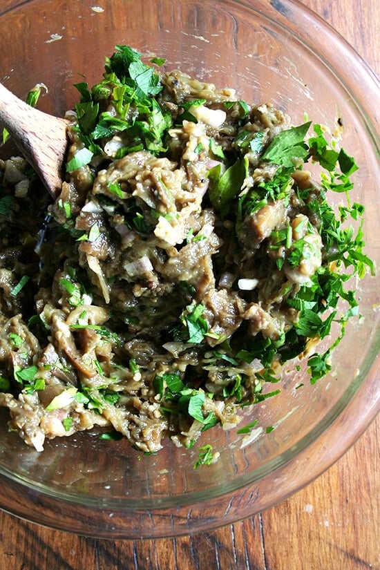 In this eggplant caviar, eggplant is roasted (as opposed to fried), which requires minimal oil, allowing the eggplant's sweet flavor to really shine. And after a gentle mashing with a fork, the eggplant's flesh becomes creamy, a perfect consistency to whip into a spread to spoon over grilled bread. // alexandracooks.com In this eggplant caviar, eggplant is roasted (as opposed to fried), which requires minimal oil, allowing the eggplant's sweet flavor to really shine. And after a gentle mashing with a fork, the eggplant's flesh becomes creamy, a perfect consistency to whip into a spread to spoon over grilled bread. // alexandracooks.com