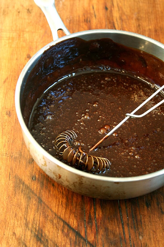 A saucepan with the black velvet icing. 