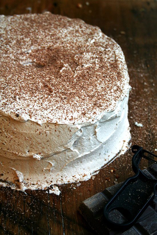cake topped with chocolate shavings