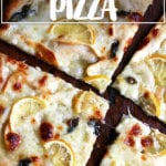 A just-baked lemon and smoked mozzarella pizza.