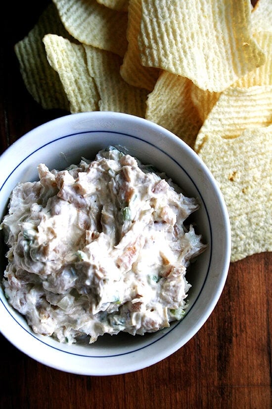 A bowl of real sour cream and onion dip.