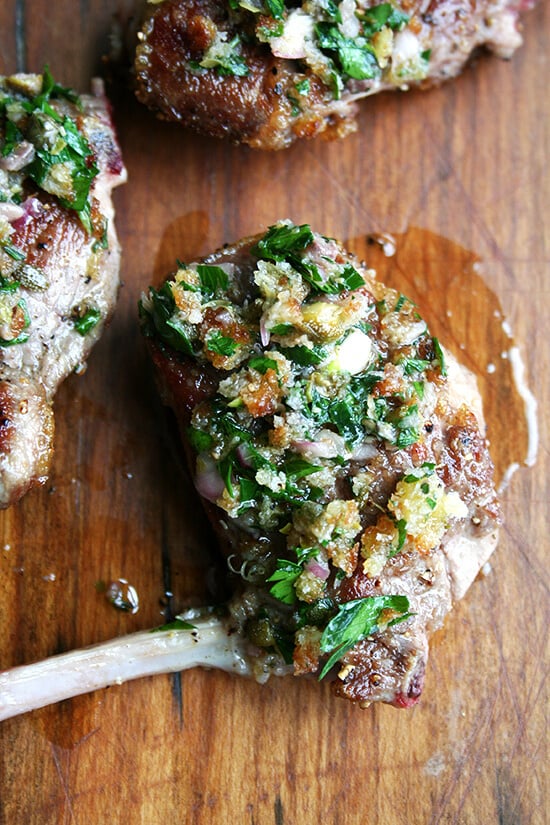 Made with shallots, bread crumbs, olive oil, capers, anchovies, parsley and thyme, this bread crumb salsa could be served with anything from pan-seared lamb chops to grilled steak. Yum. // alexandracooks.com Made with shallots, bread crumbs, olive oil, capers, anchovies, parsley and thyme, this bread crumb salsa could be served with anything from pan-seared lamb chops to grilled steak. Yum. // alexandracooks.com