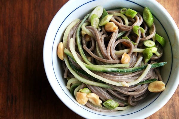 I love the simplicity of this soba noodle salad: the noodles and julienned cucumbers meld together in a peanut dressing while a handful of peanuts offers crunch. The peanut dressing is spicy, sweet, salty, and sour hitting all the sensations that make whatever it's dressing so irresistible. // alexandracooks.com soba noodles with peanut dressing
