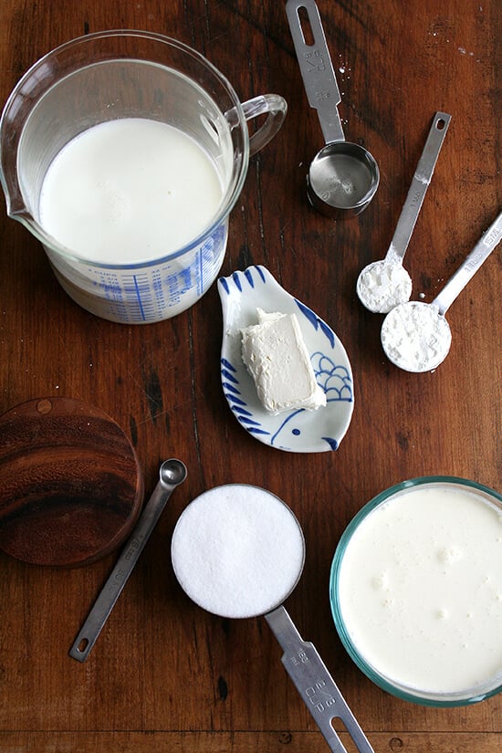 A board of Jeni's Splendid Ice cream base ingredients.
