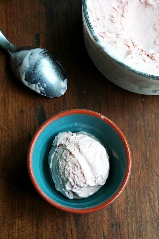 A scoop of rhubarb ice cream.