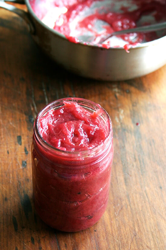 Spring preserved in a jar, this rhubarb jam comes together in no time - I only fear it may distract you from making this most-delicious rhubarb ice cream. // alexandracooks.com A jar of homemade rhubarb jam.