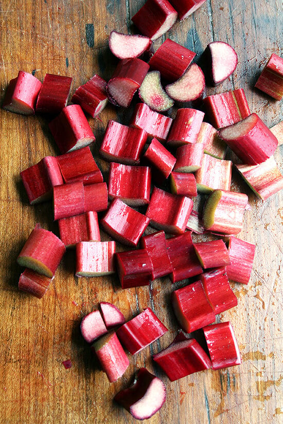 A board of chopped rhubarb.