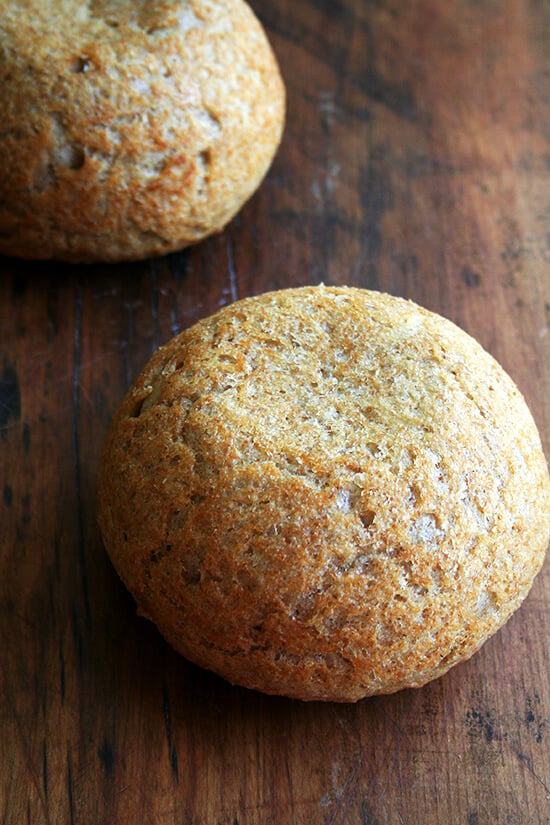 Two loaves of homemade peasant bread.