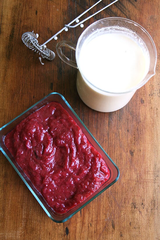 Rhubarb jam and ice cream base on a board.