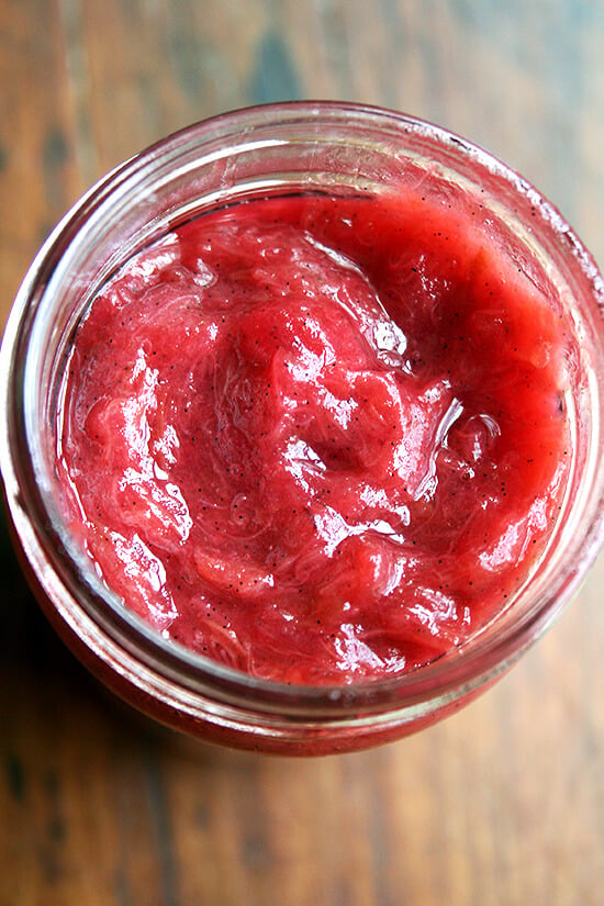 Spring preserved in a jar, this rhubarb jam comes together in no time - I only fear it may distract you from making this most-delicious rhubarb ice cream. // alexandracooks.com A jar of rhubarb jam.