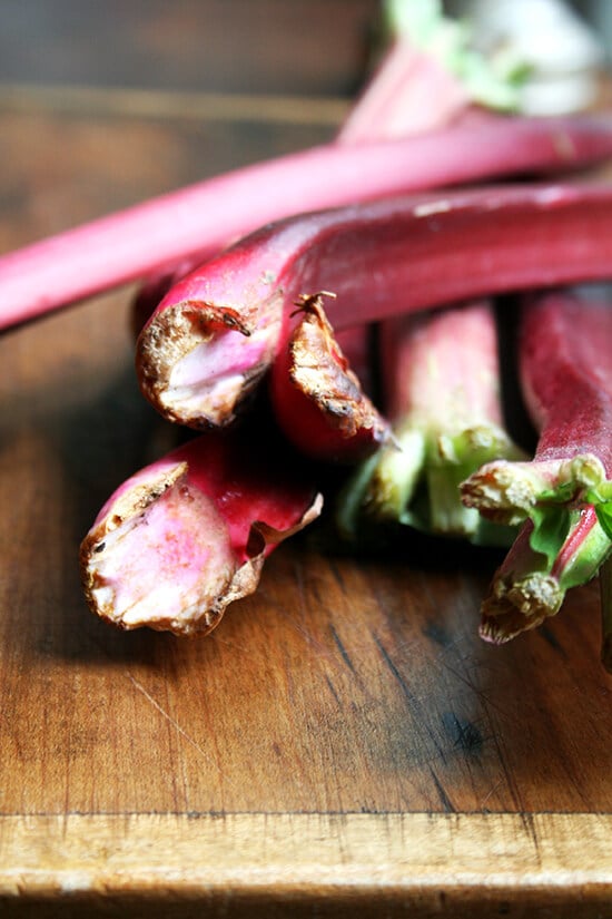 A board of rhubarb stalks.
