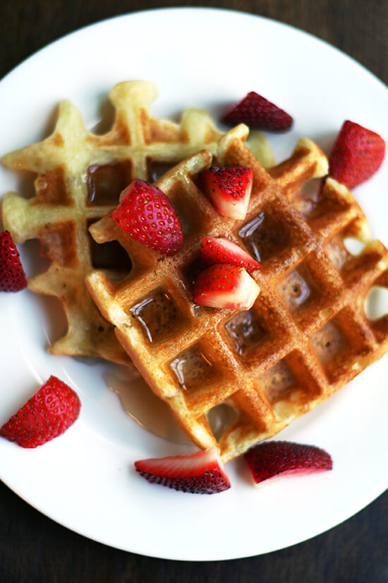 Adored for their crisp crust and crepe-like interior, these waffles are easy to make -- there is no yeast or long overnight rise and no whipped egg whites. // alexandracooks.com Adored for their crisp crust and crepe-like interior, these waffles are easy to make -- there is no yeast or long overnight rise and no whipped egg whites. // alexandracooks.com