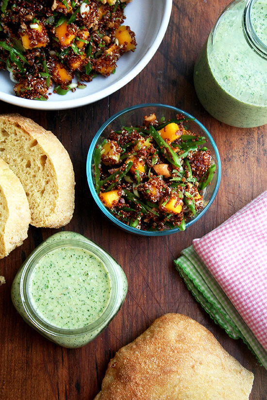 When it's too hot to cook, turn off the oven. Nothing could be more refreshing than this cool summery soup — green grape and cucumber gazpacho — and spicy-sweet-crunchy salad: quinoa with mango, lime and ginger. // alexandracooks.com When it's too hot to cook, turn off the oven. Nothing could be more refreshing than this cool summery soup — green grape and cucumber gazpacho — and spicy-sweet-crunchy salad: quinoa with mango, lime and ginger. // alexandracooks.com