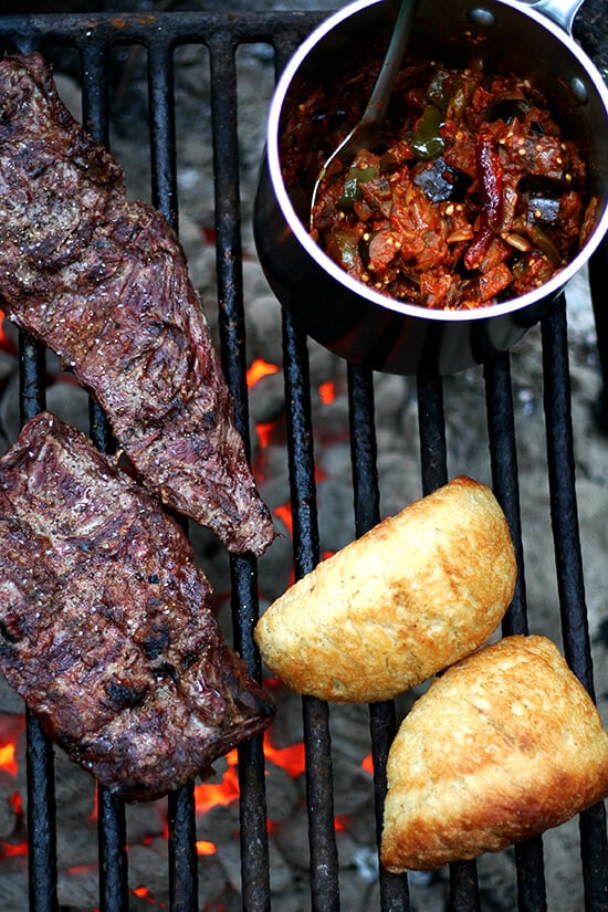 dinner: skirt steak, peasant bread, ratatouille