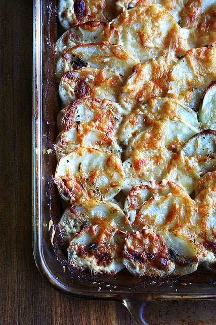 Just baked potato gratin in a 9x13-inch baking dish. 