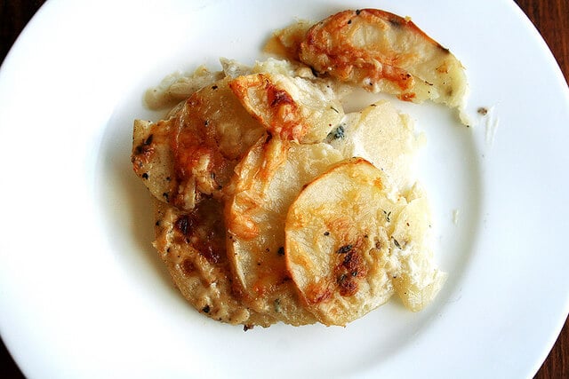 Plate of potato gratin on a plate. 