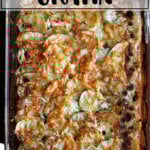 Overhead shot of potatoes gratin in a 9x13-inch baking dish.