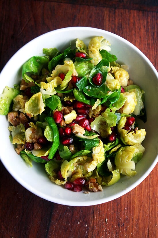 This brussels sprout salad, an amalgam of flavors and textures — sweet brussels sprouts, spicy jalapeños, crisp and tart pomegranate seeds, and crunchy toasted walnuts — will add a spot of color and a touch of freshness, a perfect counter to the creamy potatoes and the buttery bird on the Christmas dinner table. // alexandracooks.com This brussels sprout salad, an amalgam of flavors and textures — sweet brussels sprouts, spicy jalapeños, crisp and tart pomegranate seeds, and crunchy toasted walnuts — will add a spot of color and a touch of freshness, a perfect counter to the creamy potatoes and the buttery bird on the Christmas dinner table. // alexandracooks.com
