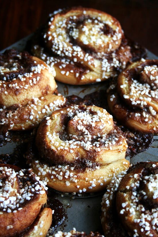 pearl-sugar topped cinnamon buns, just baked