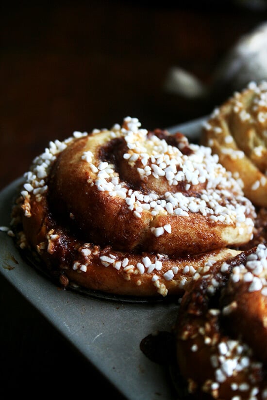 pearl-sugar topped cinnamon bun