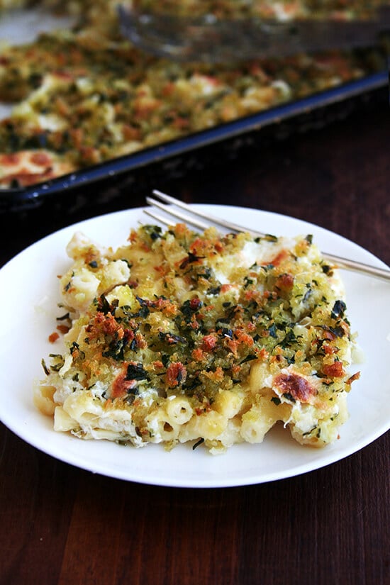 In this mac n' cheese, blistered cubes of mozzarella peek through a golden, herb-speckled topping, stretching with every pull of the fork, clinging relentlessly to the layer of crispy crumbs. It tastes ā not that this was the goal ā surprisingly light and looks surprisingly elegant or as elegant as macaroni and cheese can. // alexandracooks.com A plate with a portion of sheet pan mac n cheese on it.