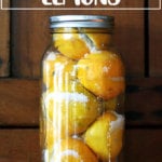 A jar of preserved lemons standing on a shelf.