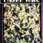 A sheet pan pasta gratin with kale.